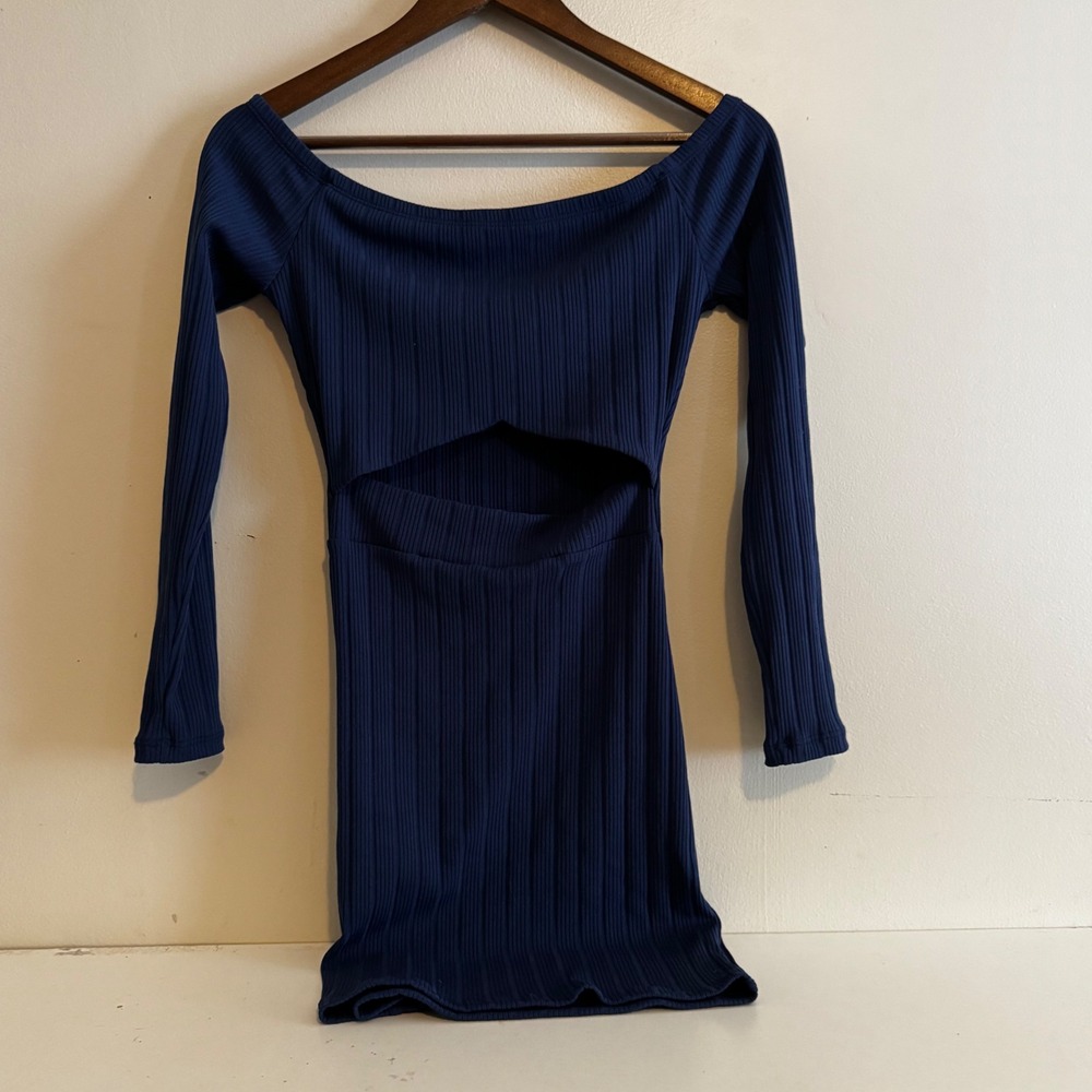 Windsor Women's M Navy Blue Ribbed Off Shoulder Cutout Mini Dress Long Sleeve